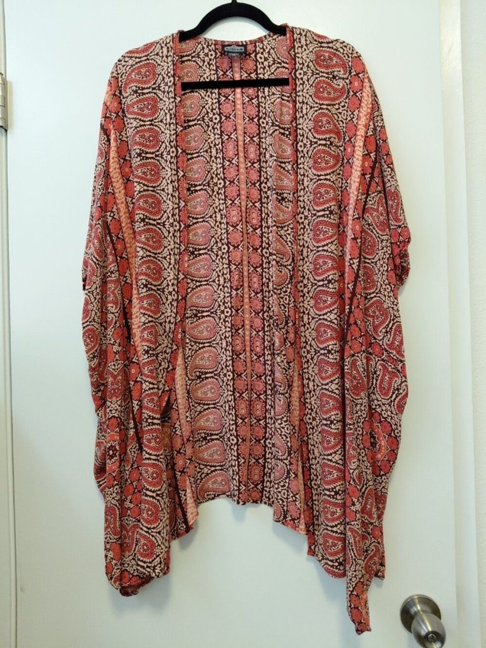 Angie Women's Open Front Kimono Duster Red & Orange Paisley Boho Medium